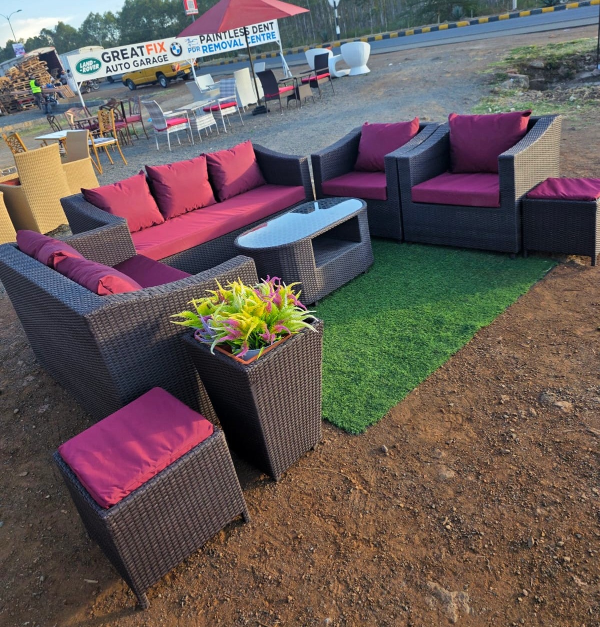 7 Seater Lounge Set with Coffee Table, Side Stools and Flowerpot - Image 1